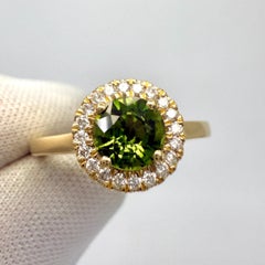 Fine 1.25ct Round Cut Vivid Green Sapphire & Diamond 18k Yellow Gold Halo Ring