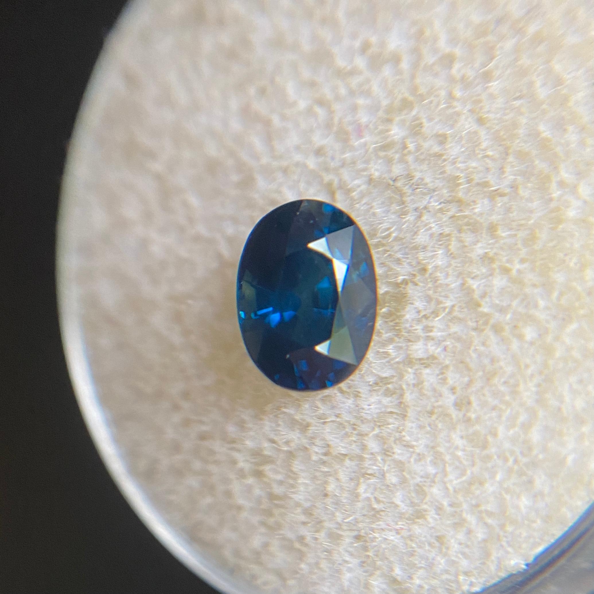 Fine Natural Australian Blue Sapphire Gemstone.

1.29 Carat with a beautiful deep fine blue colour and good clarity, a clean stone with only some small natural inclusions visible when looking closely.

Also has an excellent oval cut and ideal polish