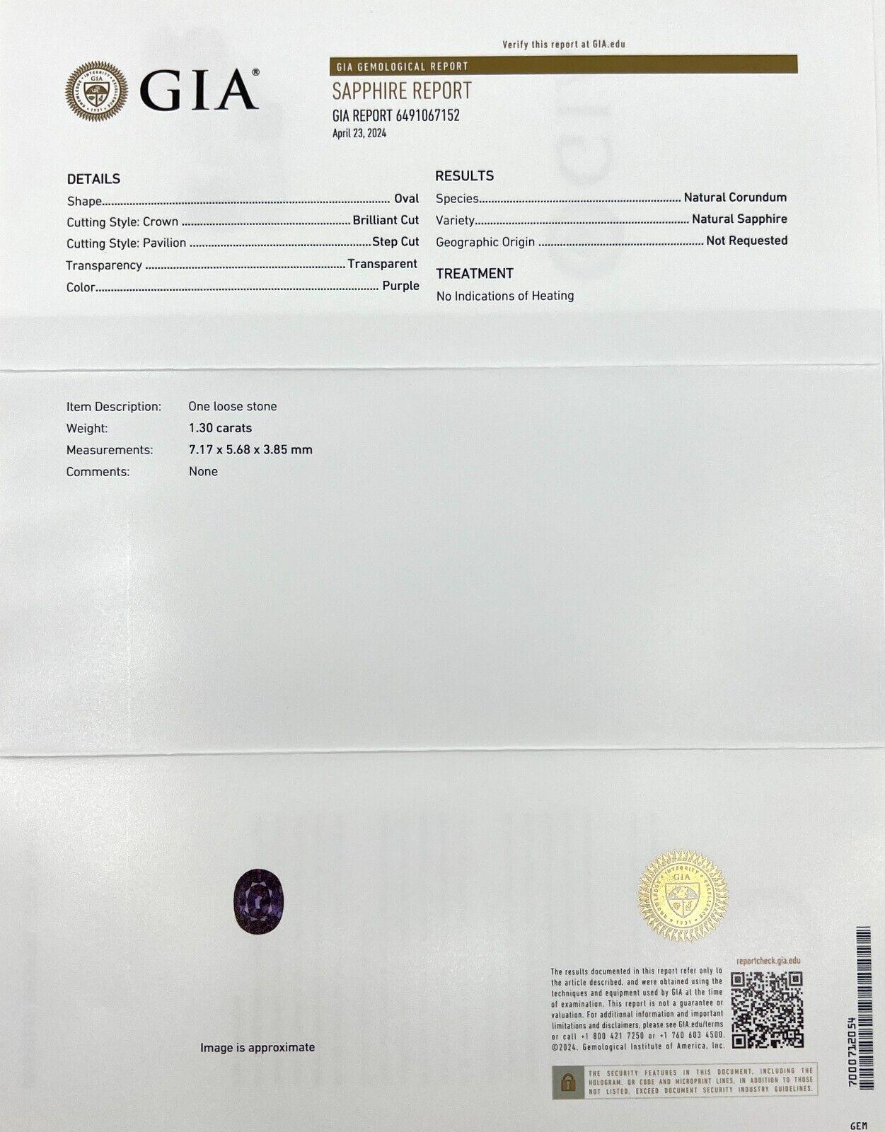 Fine 1.30Ct Purple Sapphire Gia Certified Oval Cut Untreated Gem 7.1X5.6mm In New Condition For Sale In Birmingham, GB