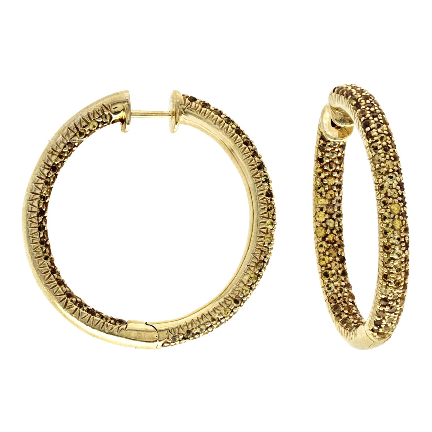 Fine 14 Karat Yellow Gold 1.25 Carat Yellow Sapphire Hoop Earrings