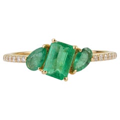 Fine 1.43ct Mixed-Cut Emerald & Diamond Three-Stone Ring in 14K Yellow Gold