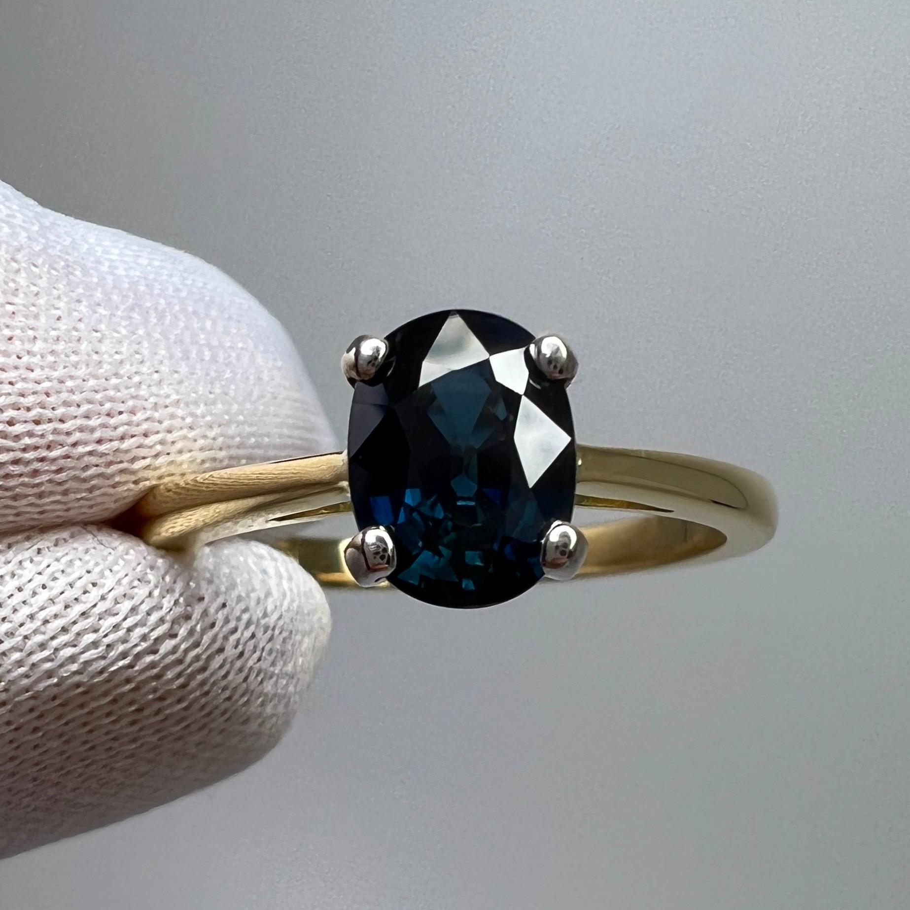 Fine 1.47ct Teal Blue Sapphire Oval Cut 18k White Yellow Gold Solitaire Ring For Sale 8