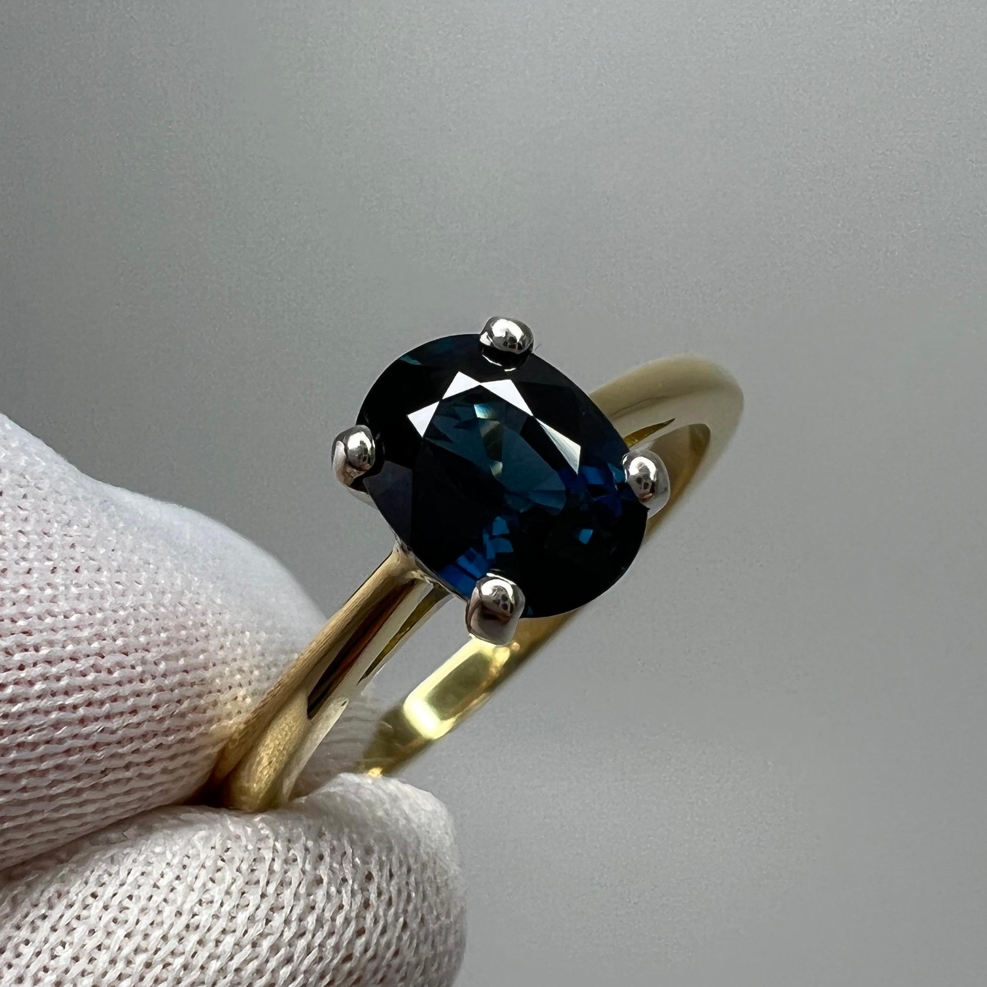 Fine 1.47ct Teal Blue Sapphire Oval Cut 18k White Yellow Gold Solitaire Ring For Sale 2