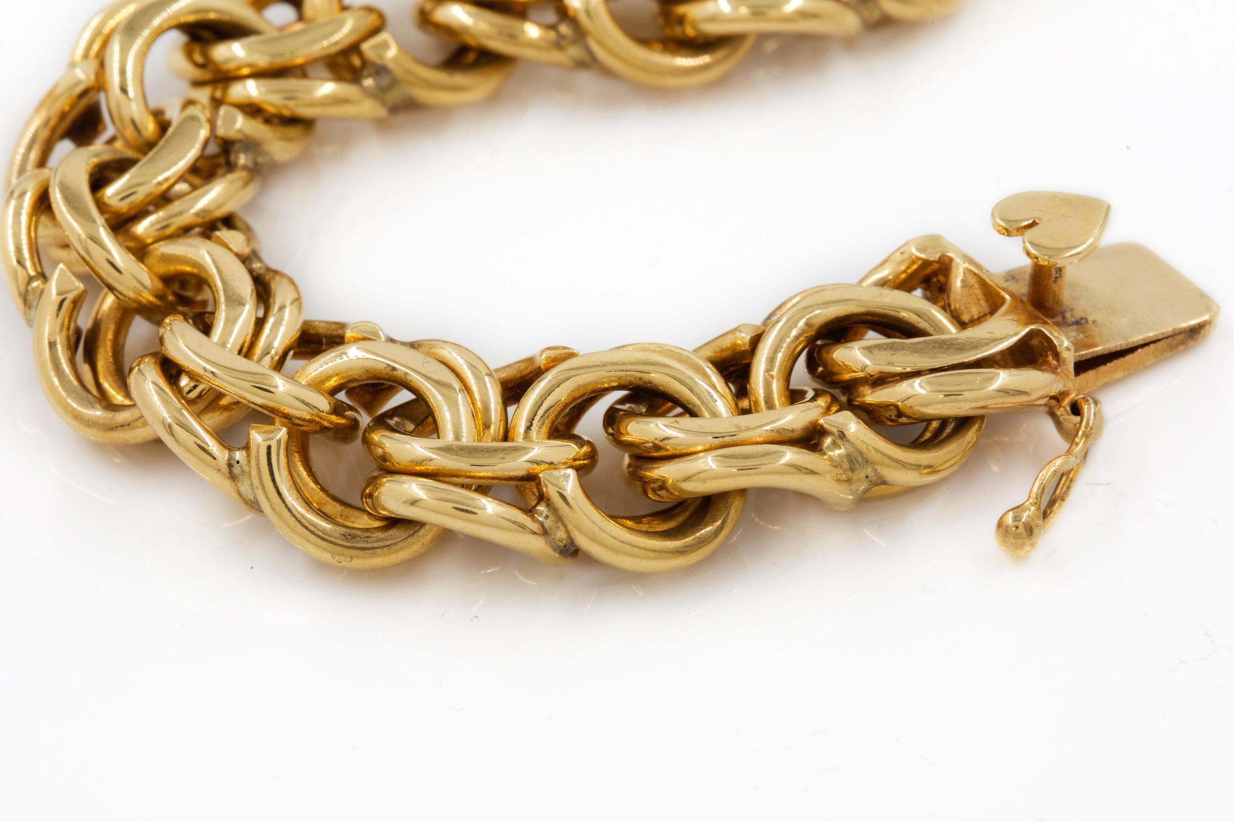20th Century Fine 14K Gold Double-Link Bracelet with Heart Clasp, 7 1/2