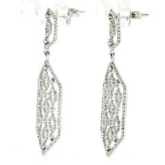 Fine 14K White Gold 2.18ct Diamond Long Open Beehive Hexagon Drop Dangle Earring