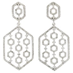 Fine 14K White Gold 2.18ct Diamond Long Open Beehive Hexagon Drop Dangle Earring