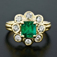 Fine 14k Yellow Gold 1.51ctw Green Emerald Solitaire Ring w/ Bezel Diamond Halo