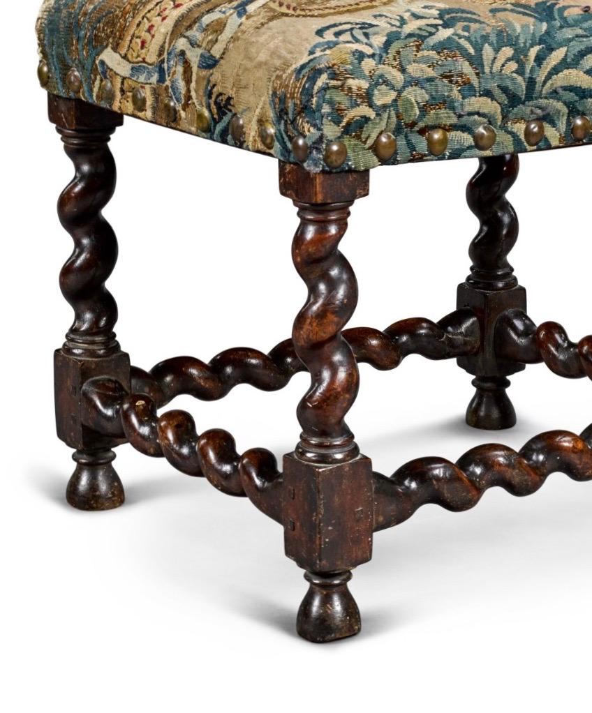Hand-Carved Fine 17th Century Barley or Solomonic Twist Baroque Walnut Stool with Tapestry