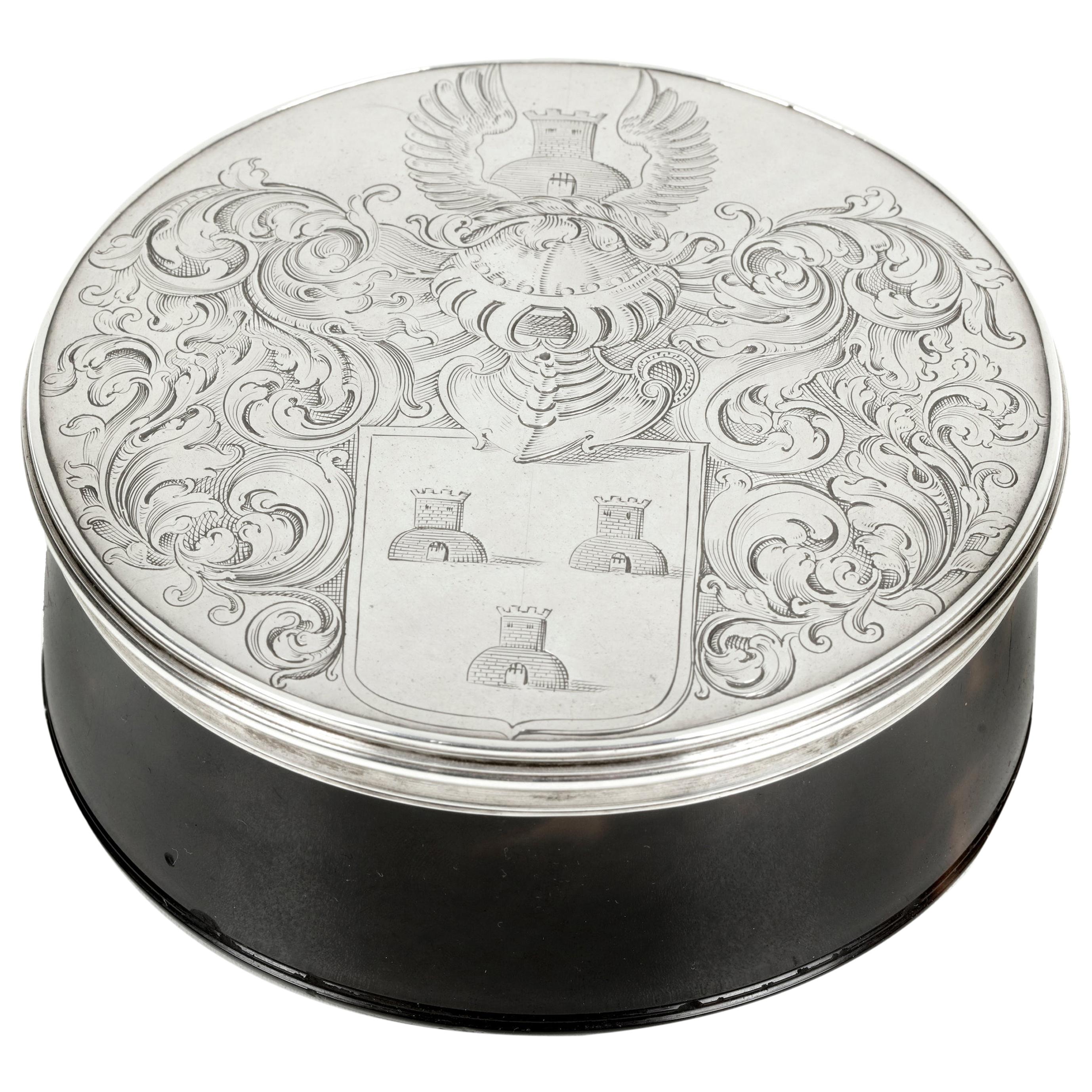 Fine 17th Century Dutch Colonial Armorial Tortoiseshell & Silver Box, Dated 1691 For Sale