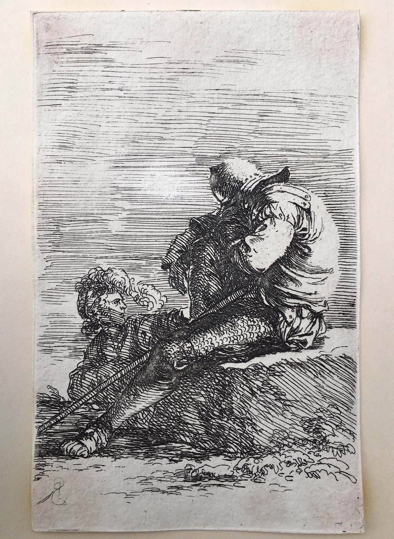 Salvator Rosa, the Italian Baroque painter was also a significant etcher and printmaker. Rosa’s is series of small prints of soldiers was very popular and influential. This etching is one of those prints. It is cut on the margin and monogrammed in