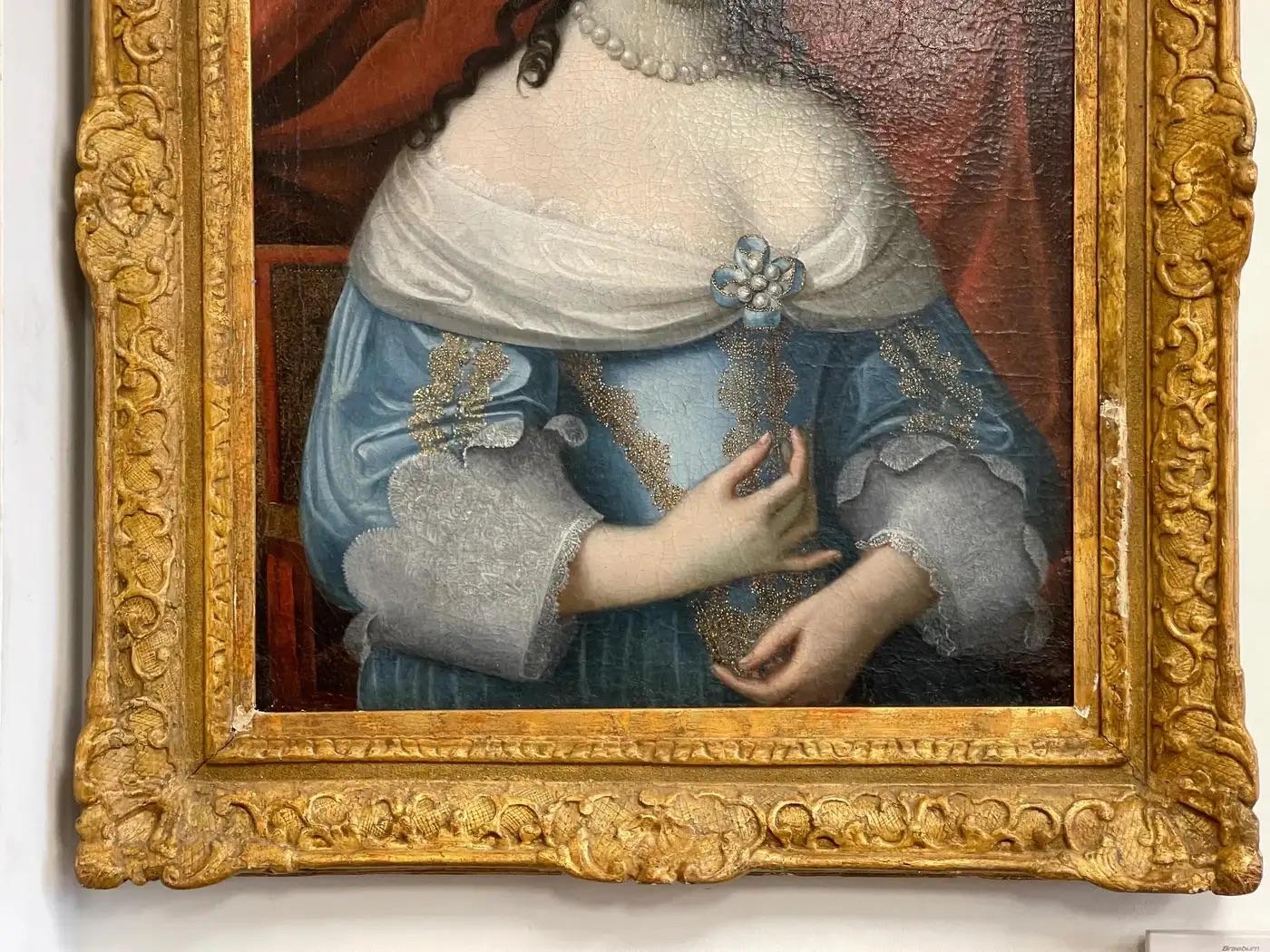 Fine 17th Century Portrait of a woman in blue with pearls, French School, appears to be unsigned, 30.5” H. x 24.5” W, framed 39.5 x 33”. 
