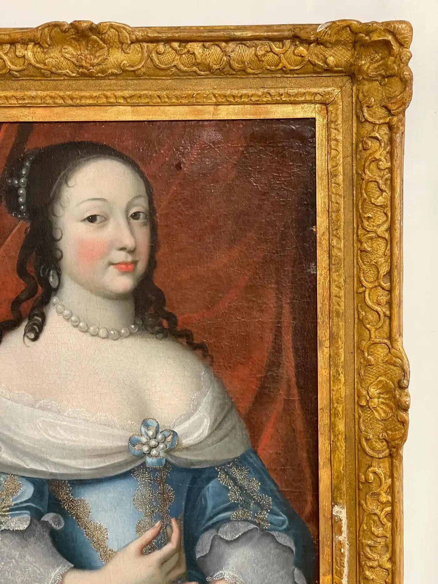 French Fine 17th Century Portrait of a Woman in Blue with Pearls For Sale