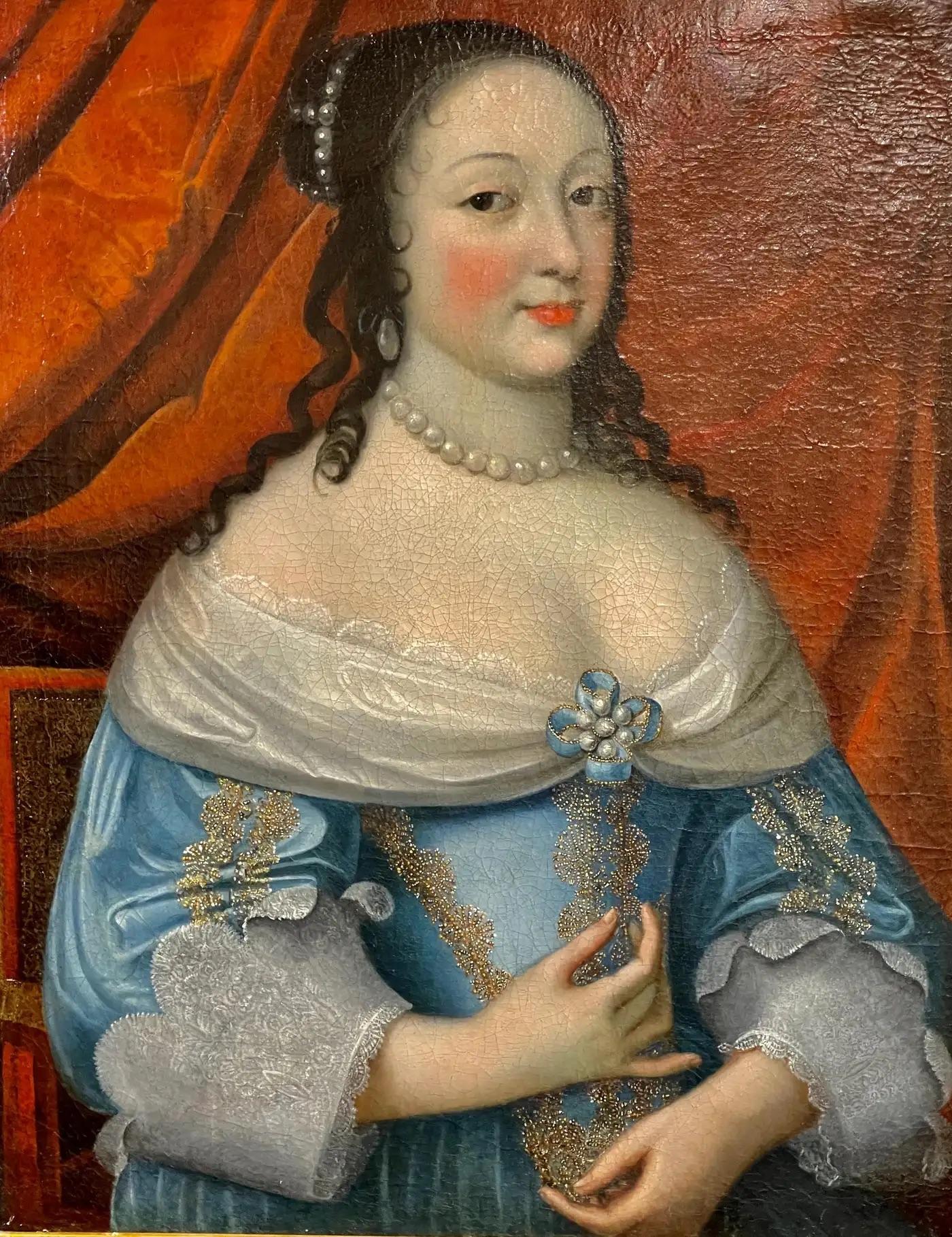 Fine 17th Century Portrait of a Woman in Blue with Pearls In Good Condition For Sale In Charlottesville, VA
