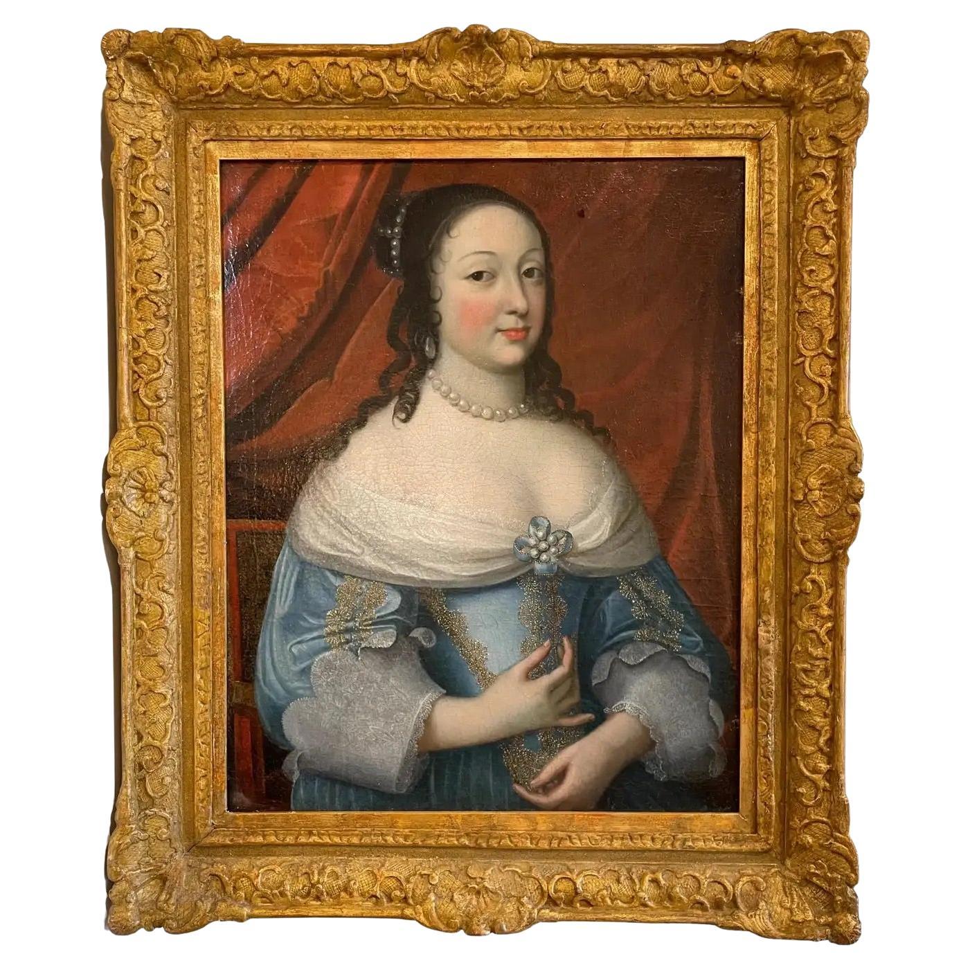 Fine 17th Century Portrait of a Woman in Blue with Pearls For Sale