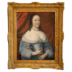 Antique Fine 17th Century Portrait of a Woman in Blue with Pearls