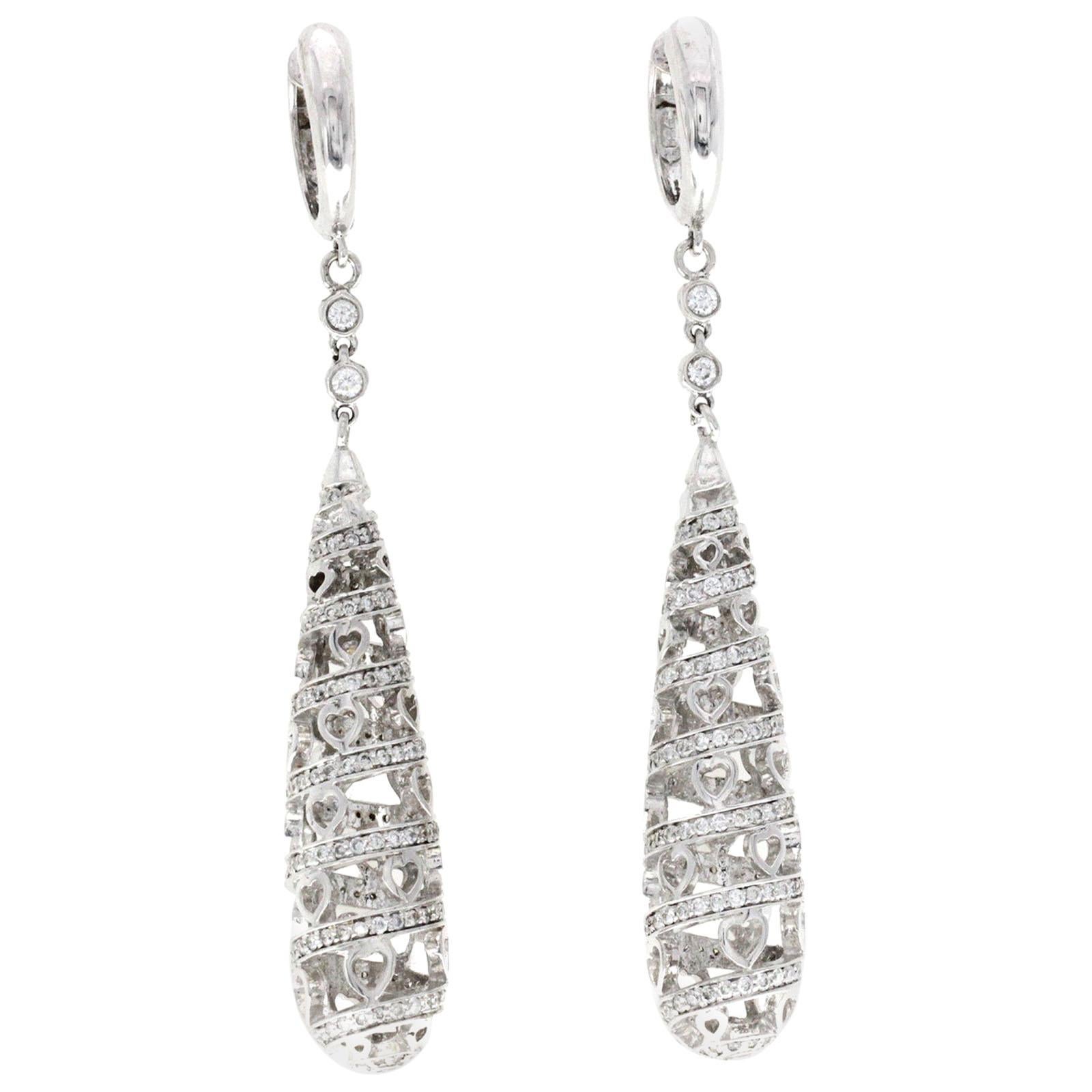 Fine 18 Karat Gold 1.28 Carat Natural Diamonds Drop Spiral with Hearts Earrings