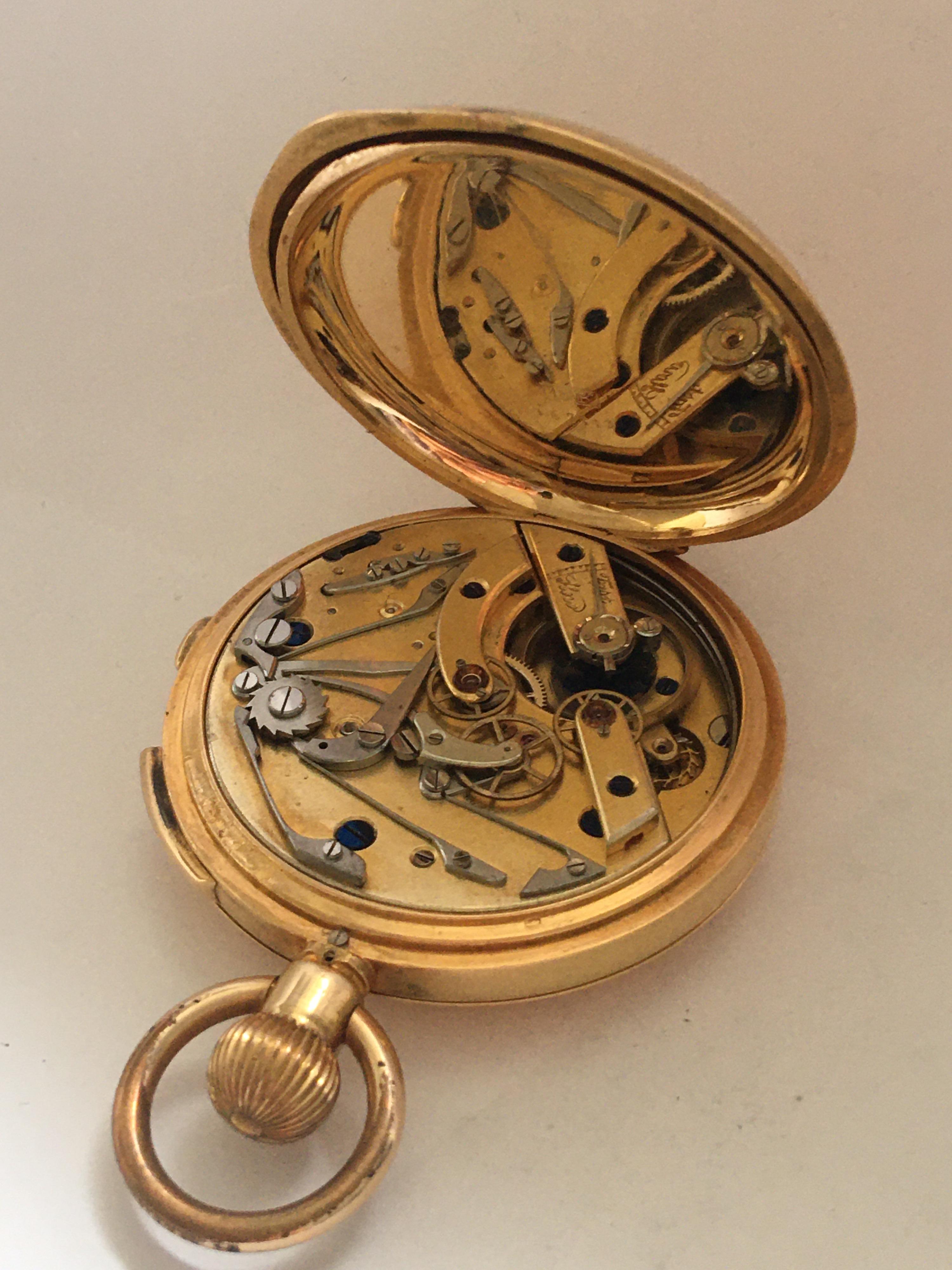 Fine 18 Karat Gold Full Hunter Chronograph and Quarter Repeating Pocket Watch For Sale 1