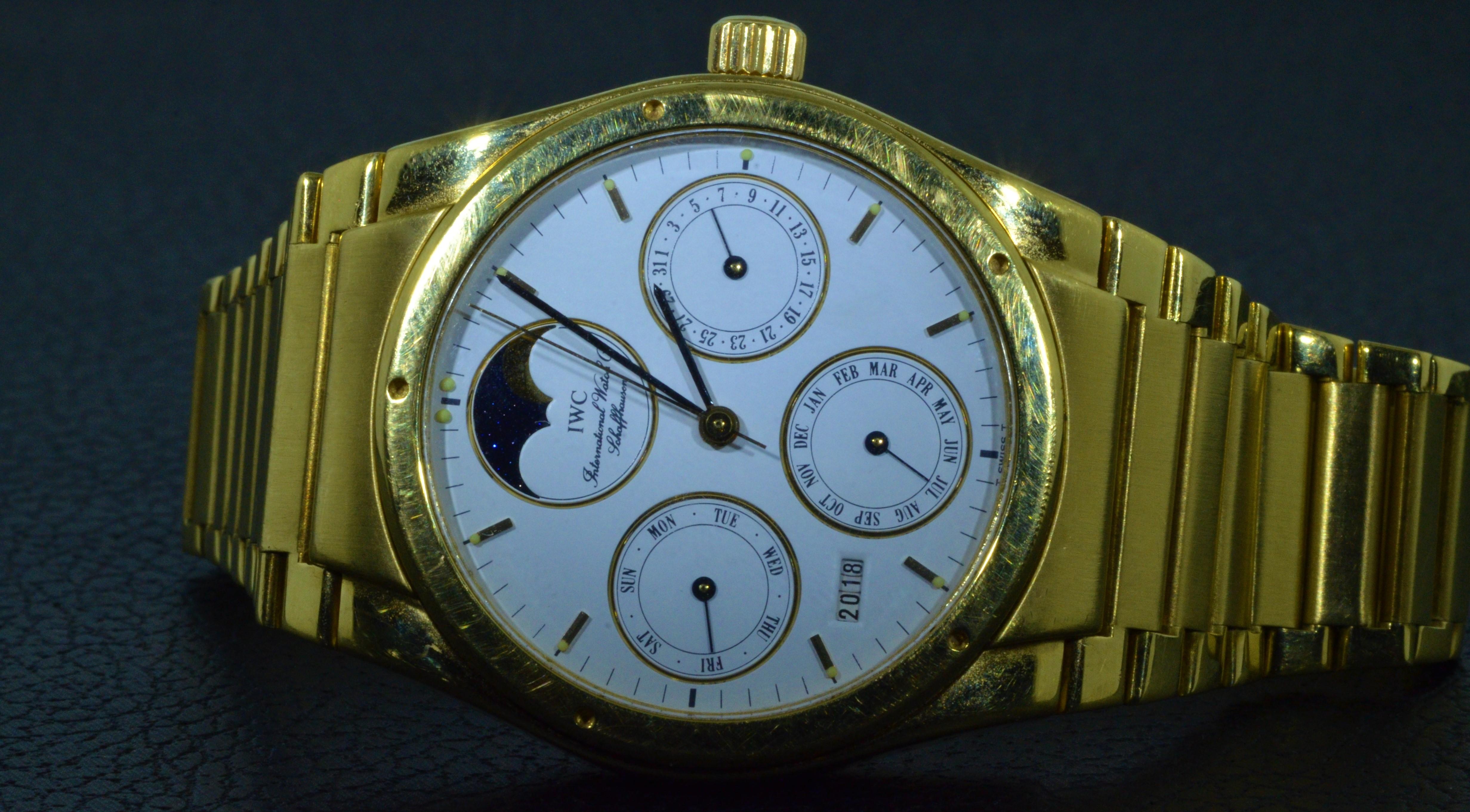 Fine 18 Karat Gold IWC Automatic Perpetual Calendar Wristwatch with Moon Phases In Good Condition For Sale In Warrington, PA