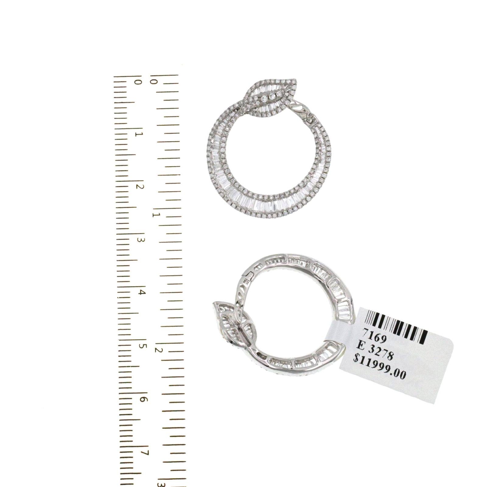 Baguette Cut Fine 18 Karat White Gold 1.95 Carat Natural Diamonds Leaf Hoop Earrings For Sale