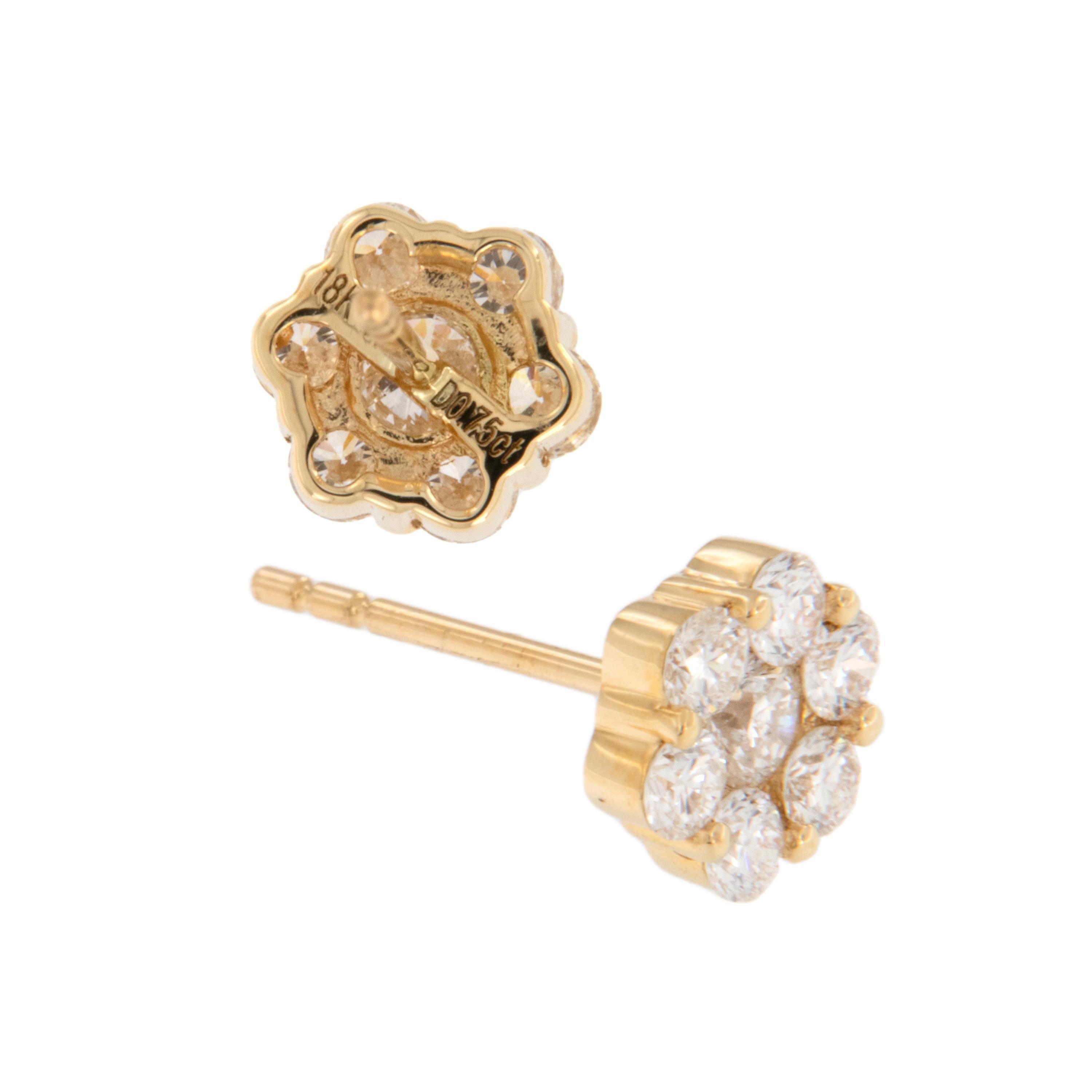Round Cut Fine 18 Karat Yellow Gold 0.75 Cttw Diamond Cluster Flower Stud Earrings  For Sale