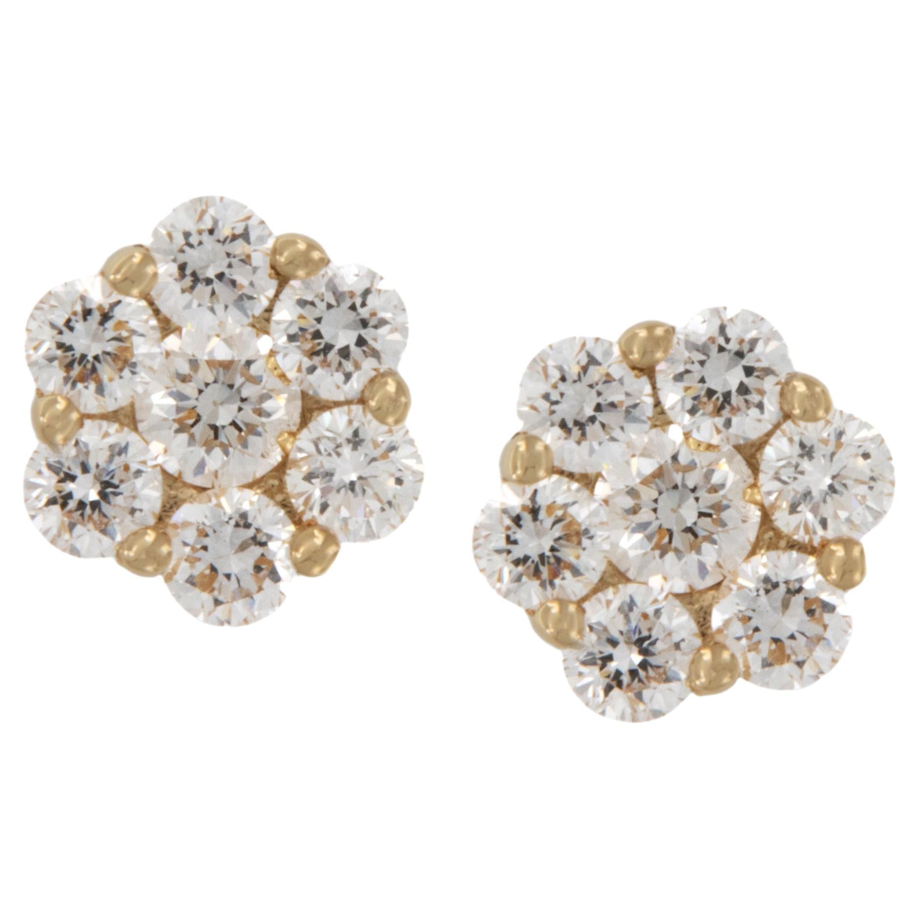 Fine 18 Karat Yellow Gold 0.75 Cttw Diamond Cluster Flower Stud Earrings  For Sale