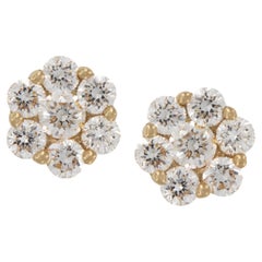 Fine 18 Karat Yellow Gold 0.75 Cttw Diamond Cluster Flower Stud Earrings 