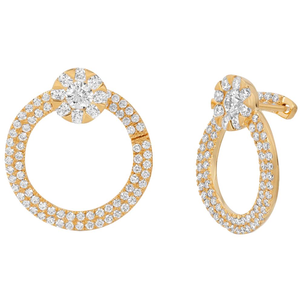 Fine 18 Karat Yellow Gold 1.72 Carat Natural Diamonds Round Hoop Earrings For Sale