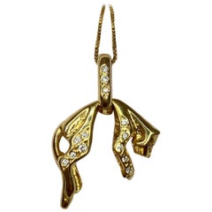 Fine 18 Karat Yellow Gold and Diamond Designer Cat Jaguar Tiger Pendant Necklace