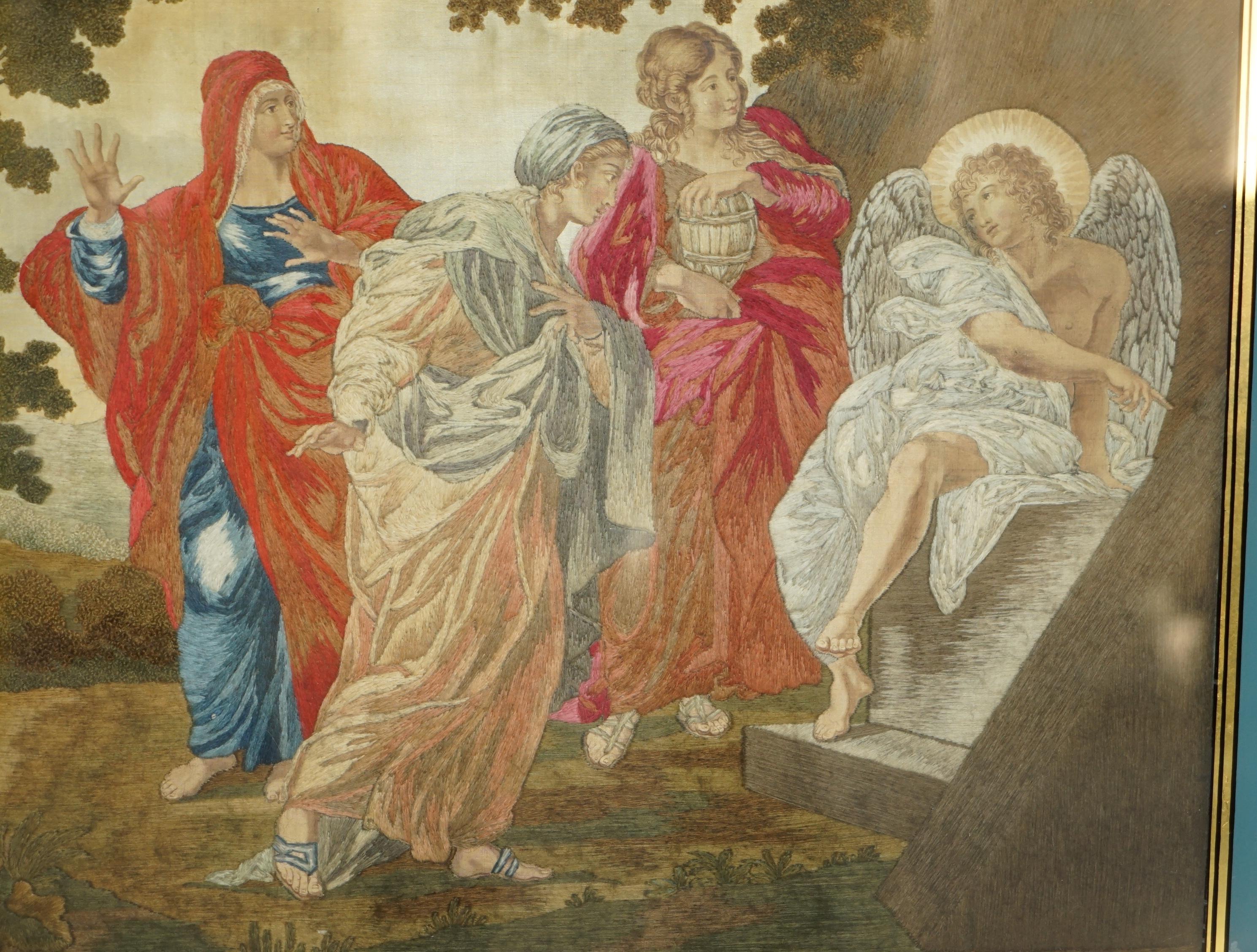 Hand-Crafted FINE 1860 SiLK EMBROIDERY OF ANNIBALE CARRACCI 1598 THE THREE MARYS AT THE TOMB For Sale