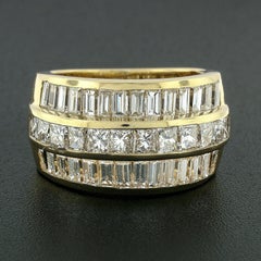 Fine 18K Gold 5.76ctw 3-Row Princess & Baguette Diamond Wide Statement Band Ring