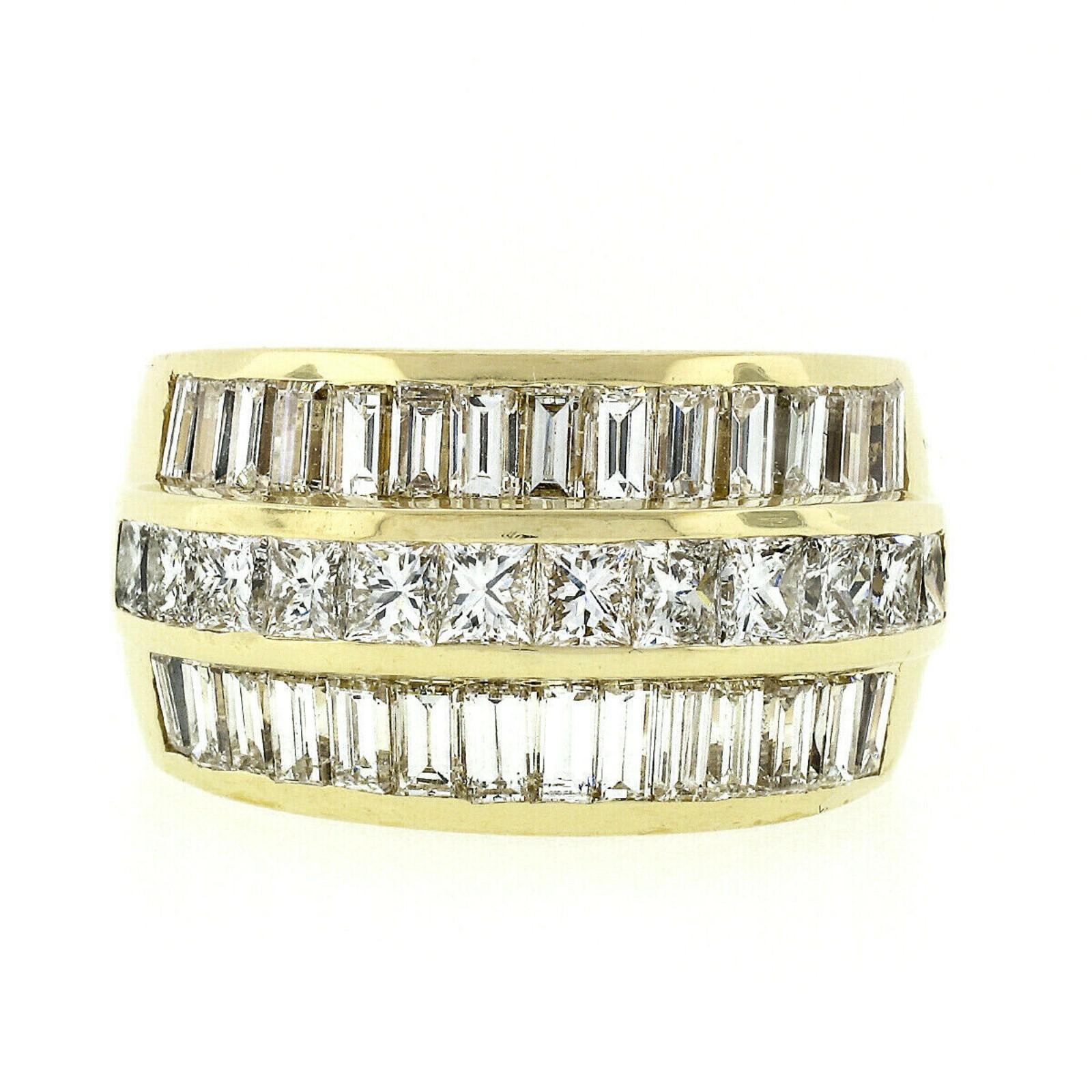 Fine 18K Gold 5.76ctw 3-Row Princess & Baguette Diamond Wide Statement Band Ring In Good Condition In Montclair, NJ