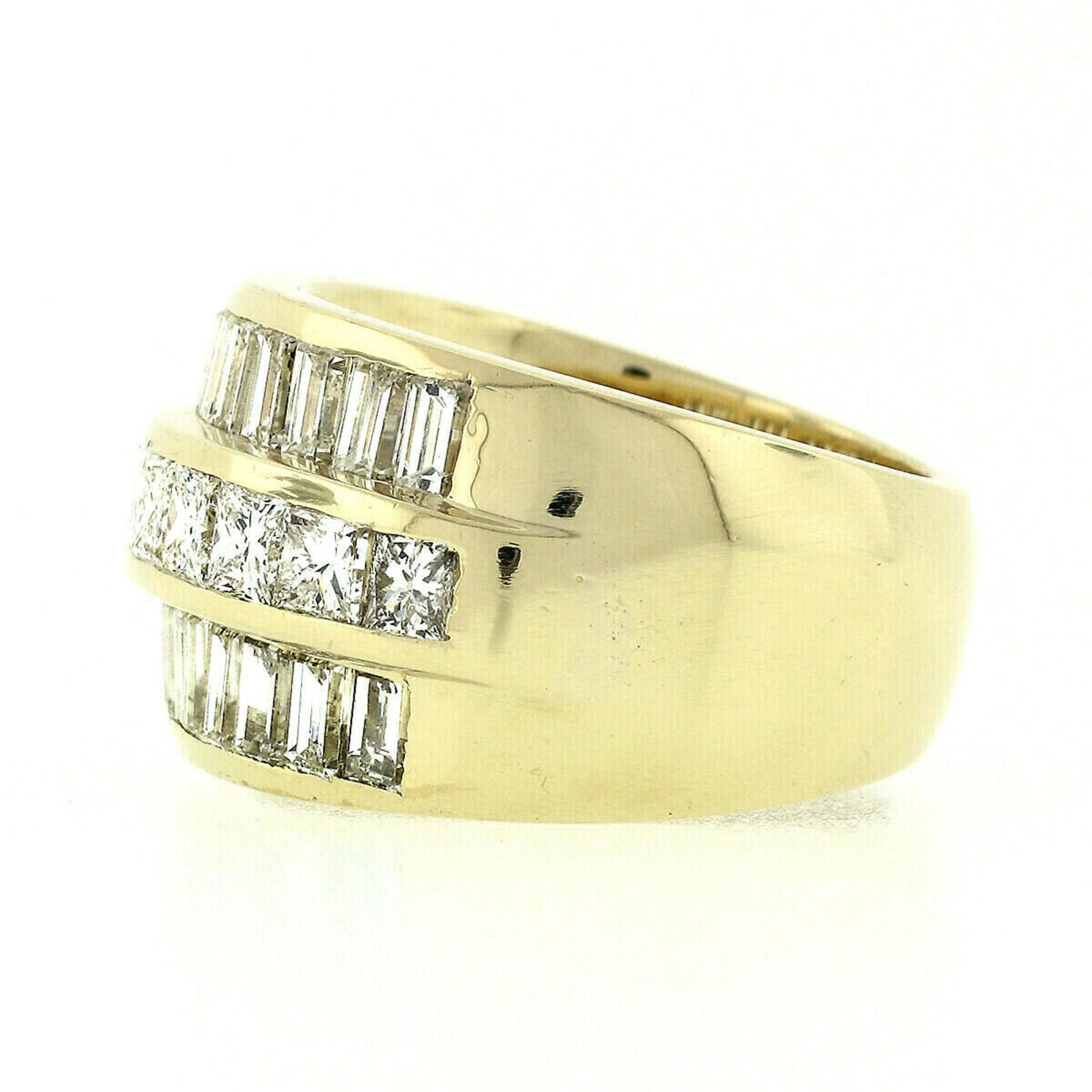 Fine 18K Gold 5.76ctw 3-Row Princess & Baguette Diamond Wide Statement Band Ring 2