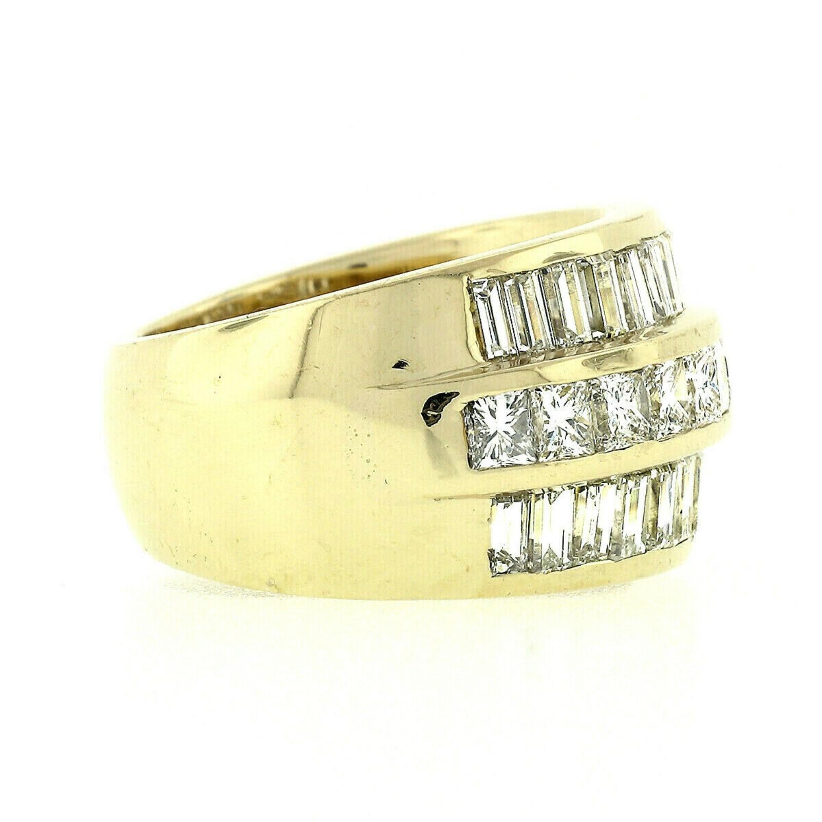 Fine 18K Gold 5.76ctw 3-Row Princess & Baguette Diamond Wide Statement Band Ring 3
