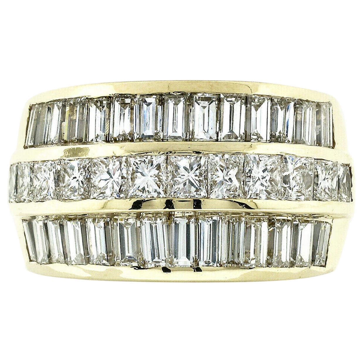 Fine 18K Gold 5.76ctw 3-Row Princess & Baguette Diamond Wide Statement Band Ring