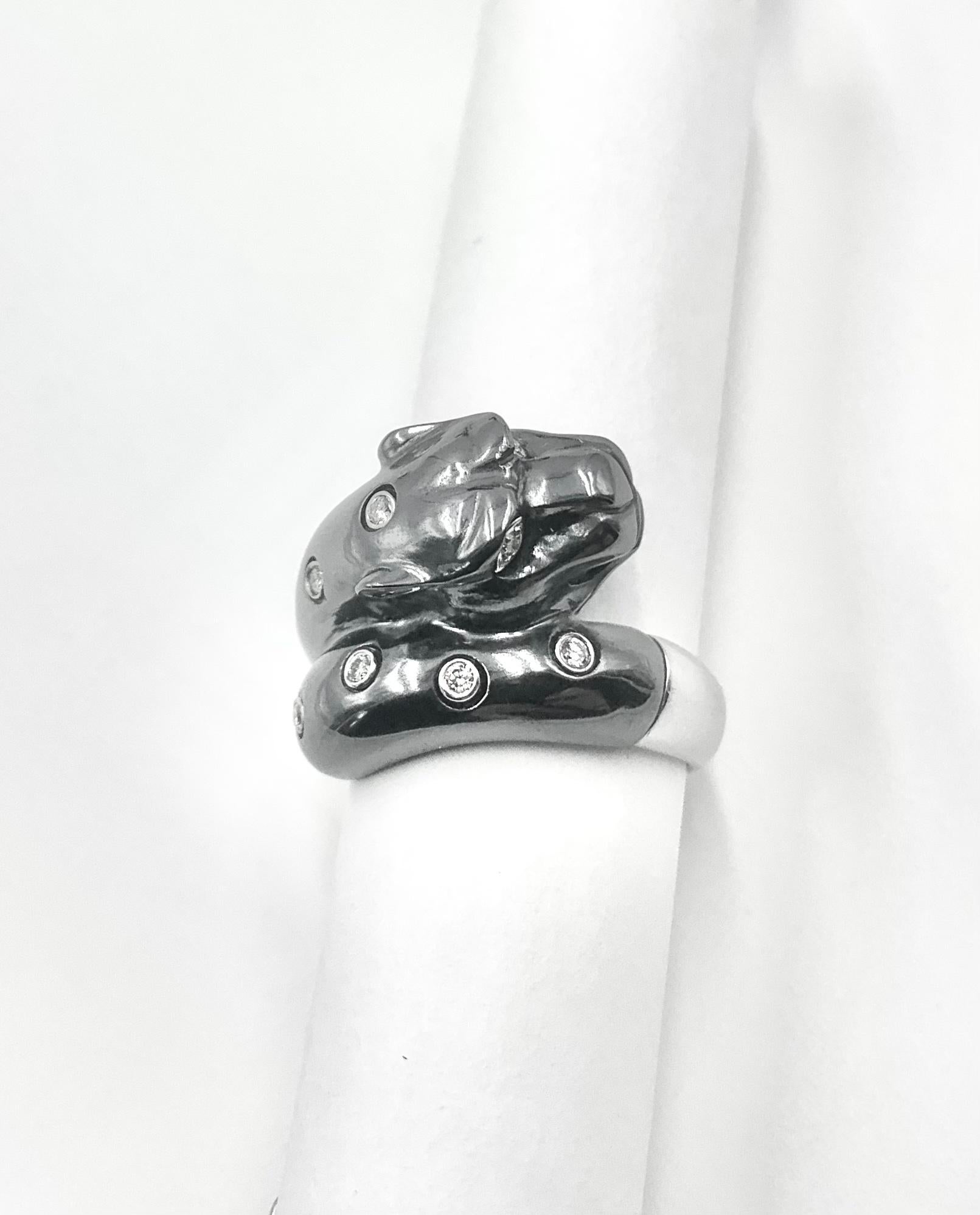 Estate Diamond 18K White Gold and Blackened Gold Panther Ring For Sale 6