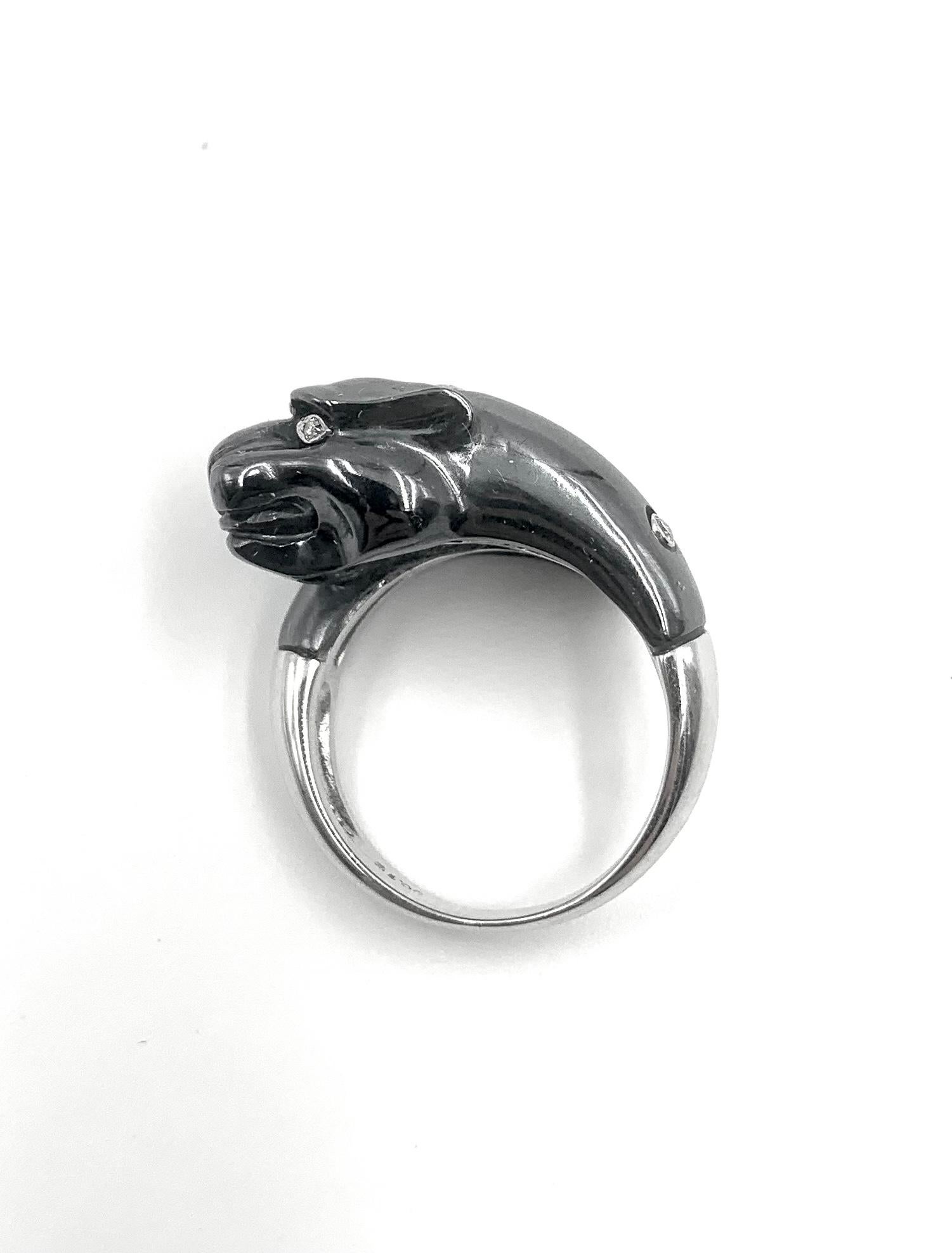 Estate Diamond 18K White Gold and Blackened Gold Panther Ring In Good Condition For Sale In New York, NY