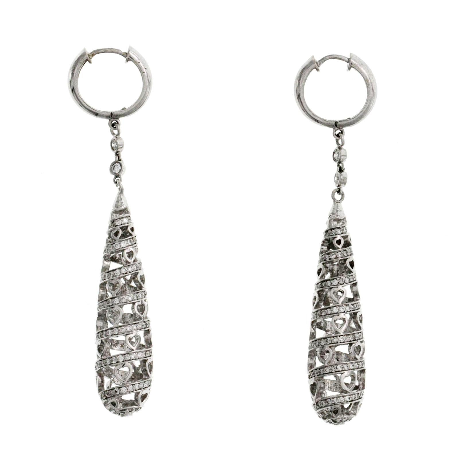 Women's Fine 18 Karat Gold 1.28 Carat Natural Diamonds Drop Spiral with Hearts Earrings For Sale