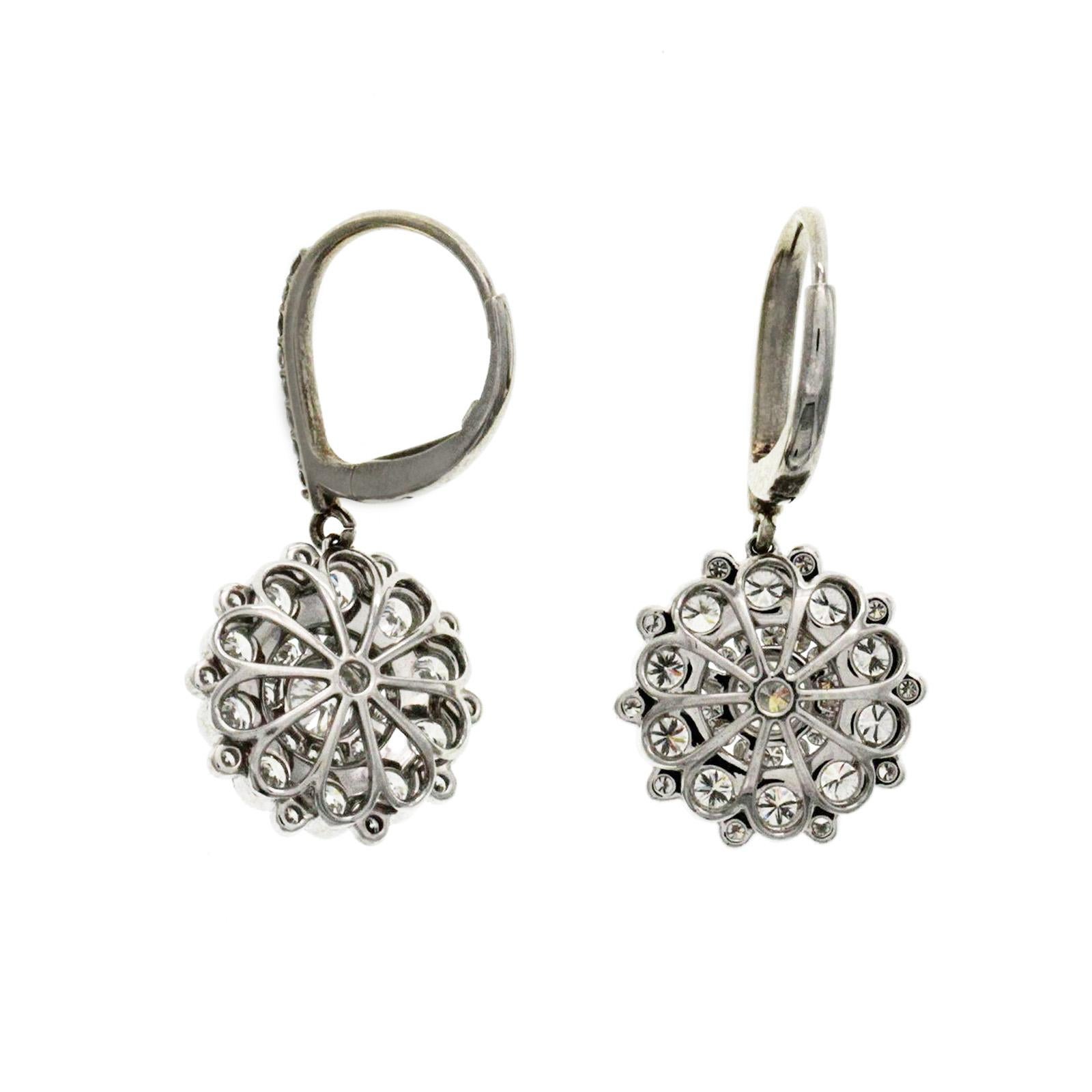 Women's or Men's Fine 18 Karat White Gold 2.48 Carat Natural Diamonds Flower Dangle Earrings