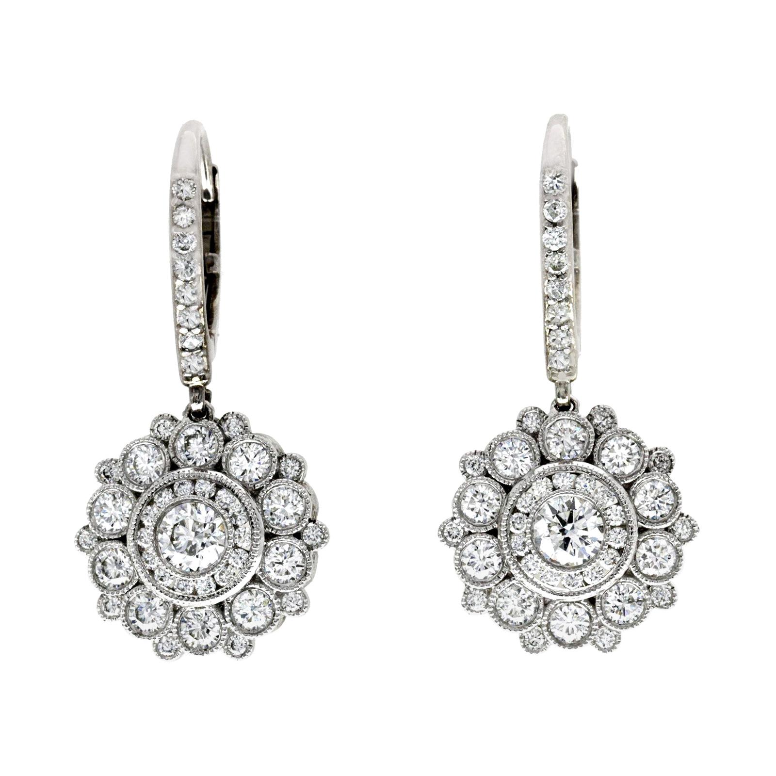 Fine 18 Karat White Gold 2.48 Carat Natural Diamonds Flower Dangle Earrings