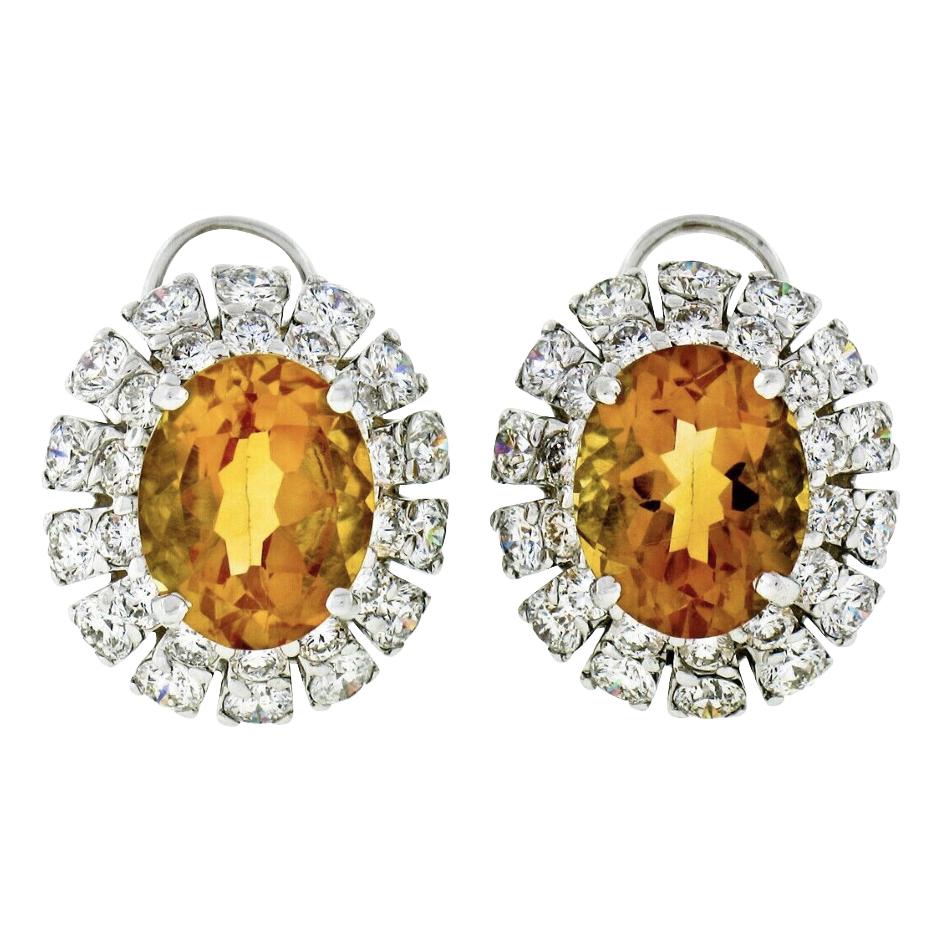 FINE 18K White Gold 7.80ct Oval Citrine & Brilliant Diamond Double Halo Earrings