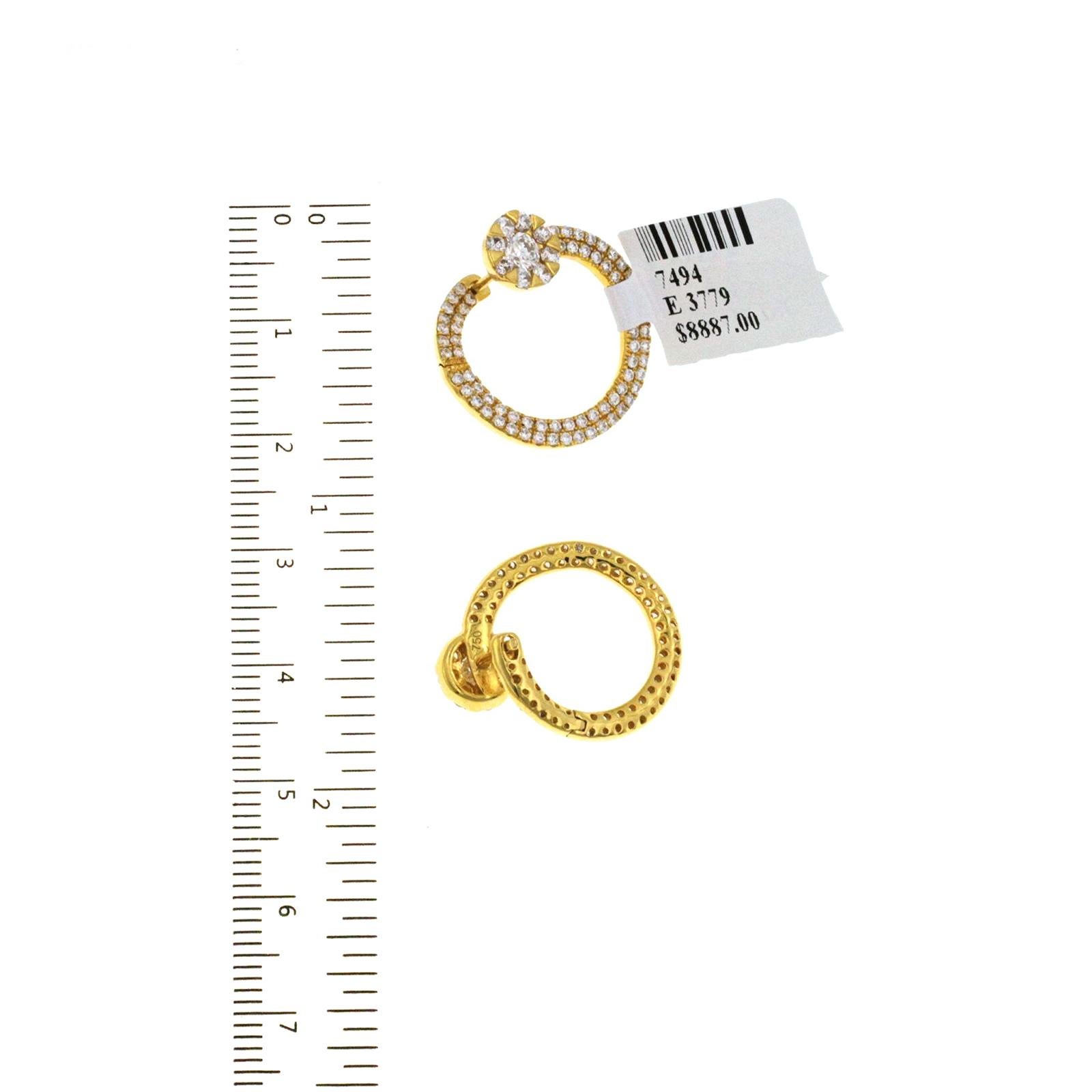 Women's Fine 18 Karat Yellow Gold 1.72 Carat Natural Diamonds Round Hoop Earrings For Sale