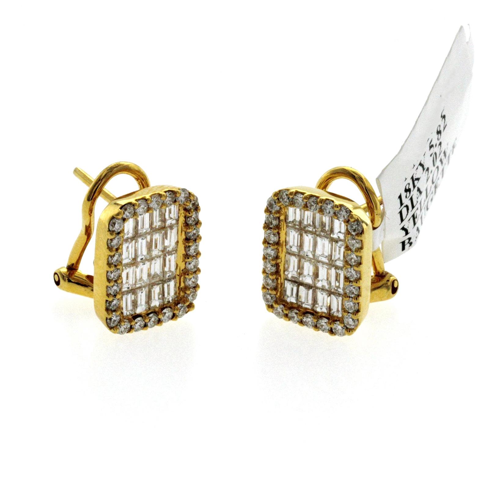 Fine 18 Karat Yellow Gold 2.02 Carat Natural Diamonds Omega Back Earrings In Excellent Condition For Sale In Los Angeles, CA