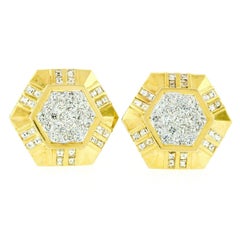 Fine 18k Yellow Gold 8.10ctw Round Asscher Diamond Large Hexagon Button Earrings