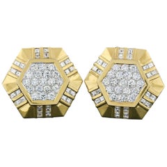 Fine 18k Yellow Gold 8.10ctw Round Asscher Diamond Large Hexagon Button Earrings