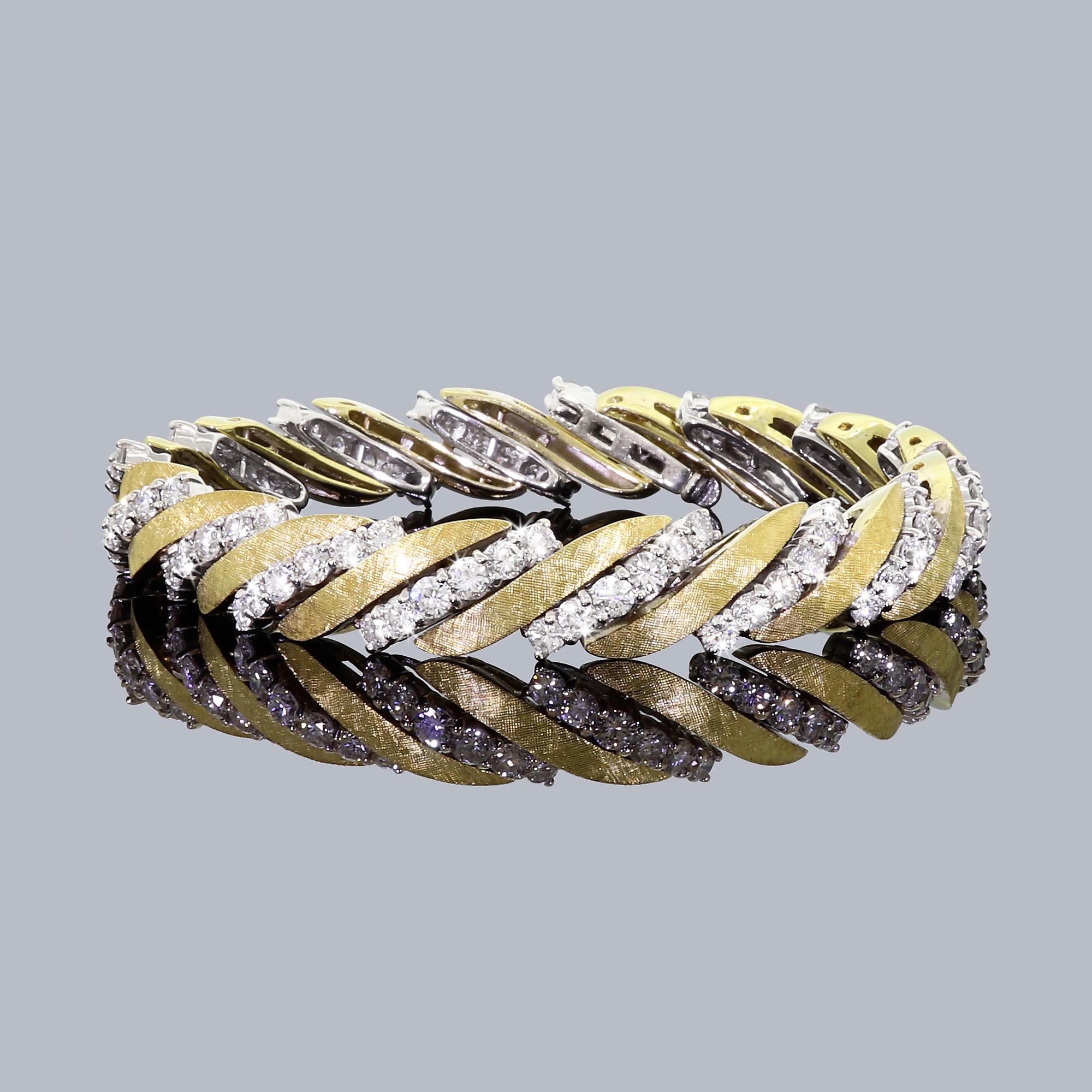 Details & Condition: Fine 18K yellow and white gold dress cocktail bracelet with 7 carats of genuine diamonds.
This piece presents very elegantly and is extremely well made. Perfect for any black tie event, this stunning bracelet is sure to impress.
