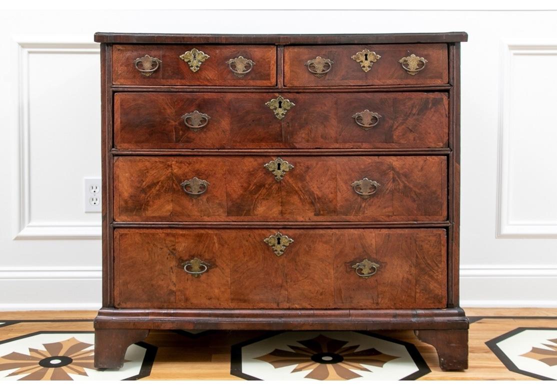 A wery well constructed chest with chosen banded book matched top in four sections. Two short over three graduated long drawers all banded and book matched figured wood, with fine chased brass bales and escutcheons with foliate decoration (lacking a