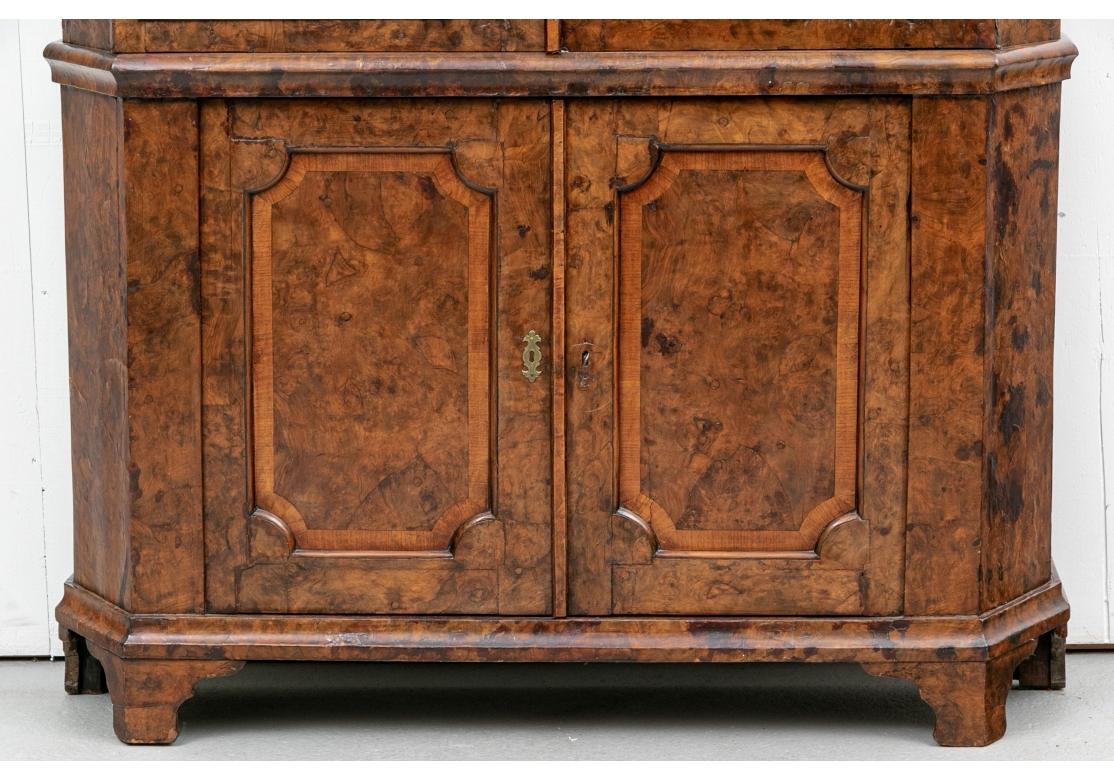 An oantique Burl Wood Cabinet with very fine form and excellent color enhanced by a later Turquoise painted interior. Finely constructed with canted sides and tiered carved shaped cornice. The top section with glazed side panels and double doors