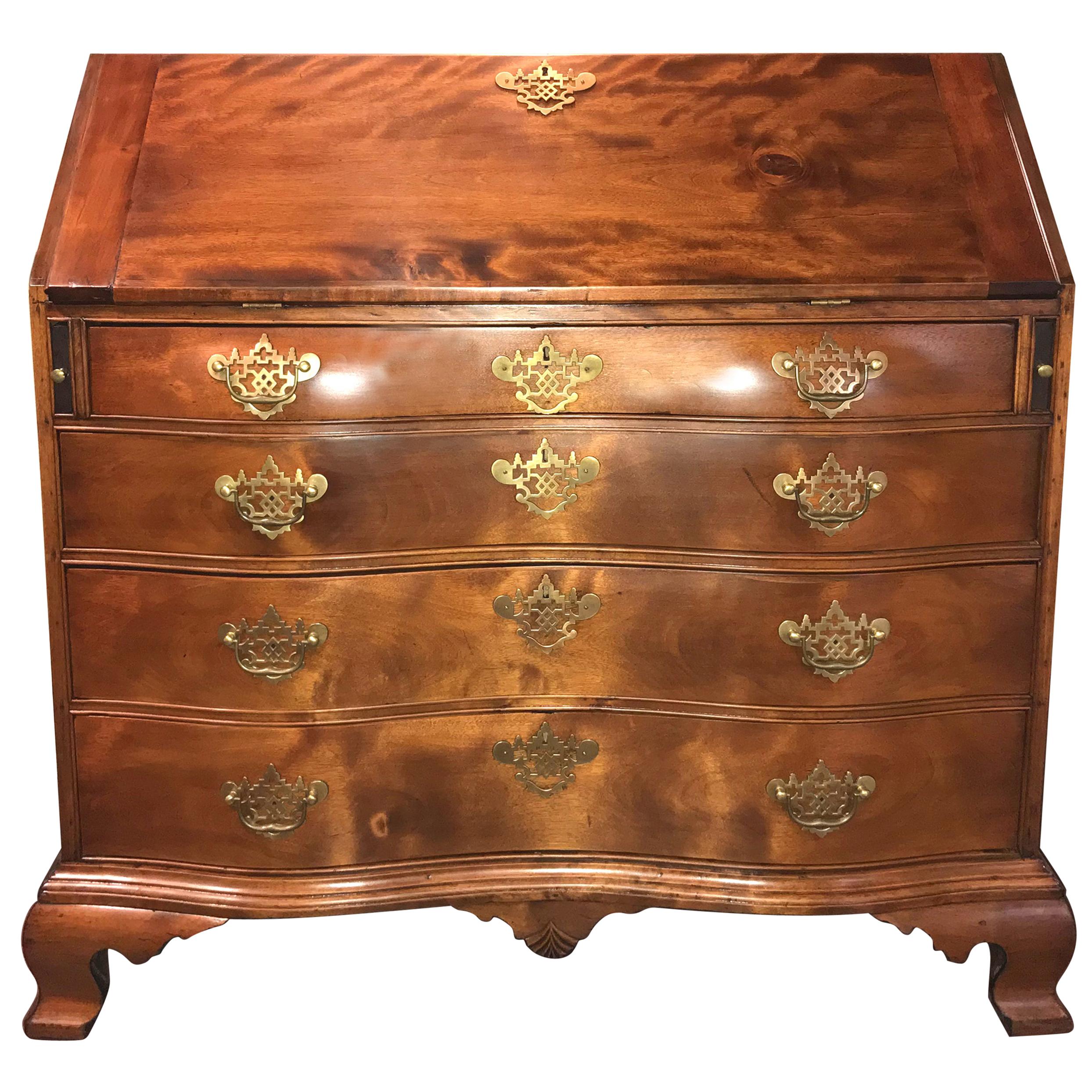 Fine 18th Century American Oxbow Desk in Flame Birch with Center Drop