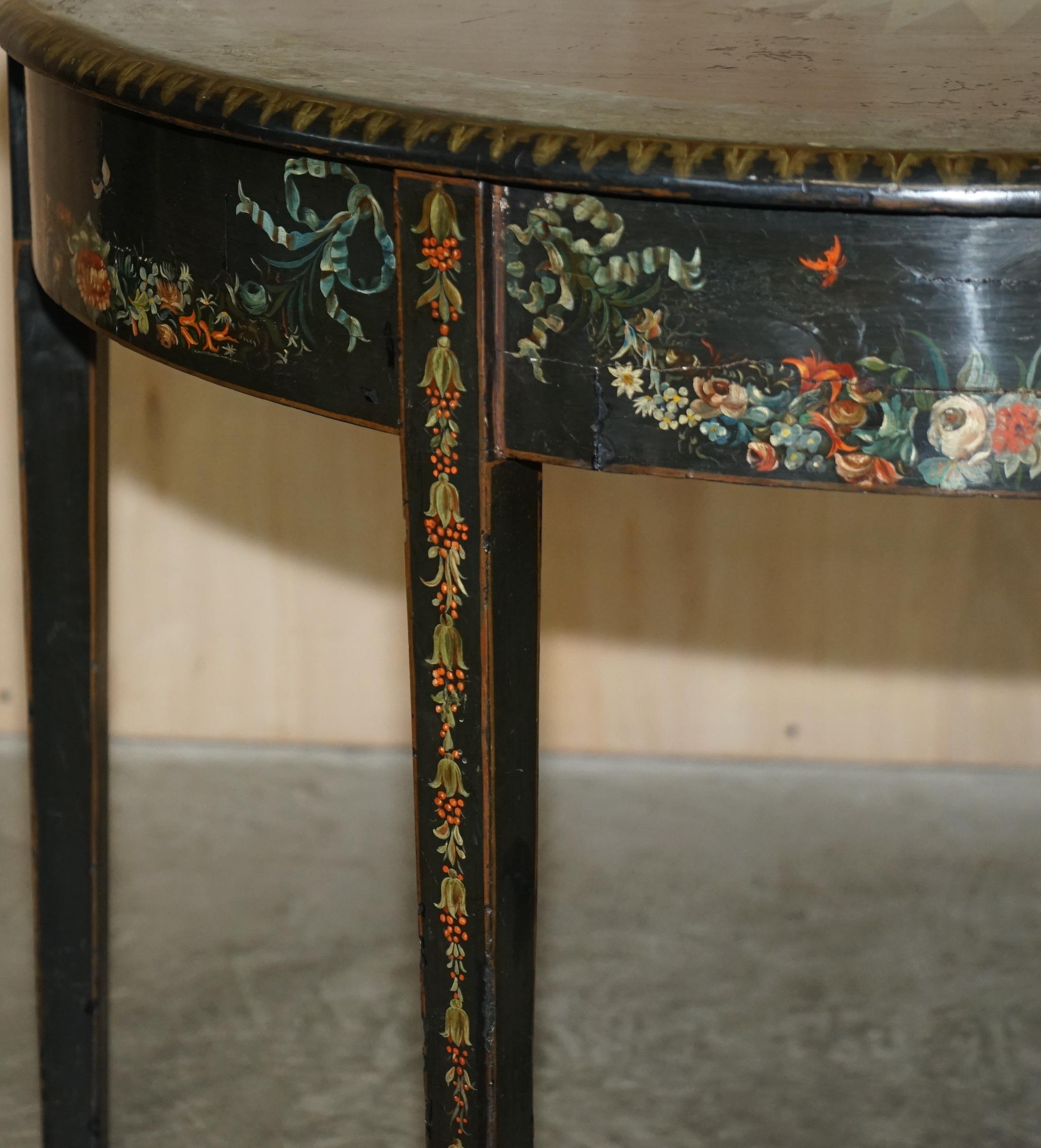 Fine 18th Century circa 1760 Hand Polychrome Painted Demi Lune Console Table For Sale 3