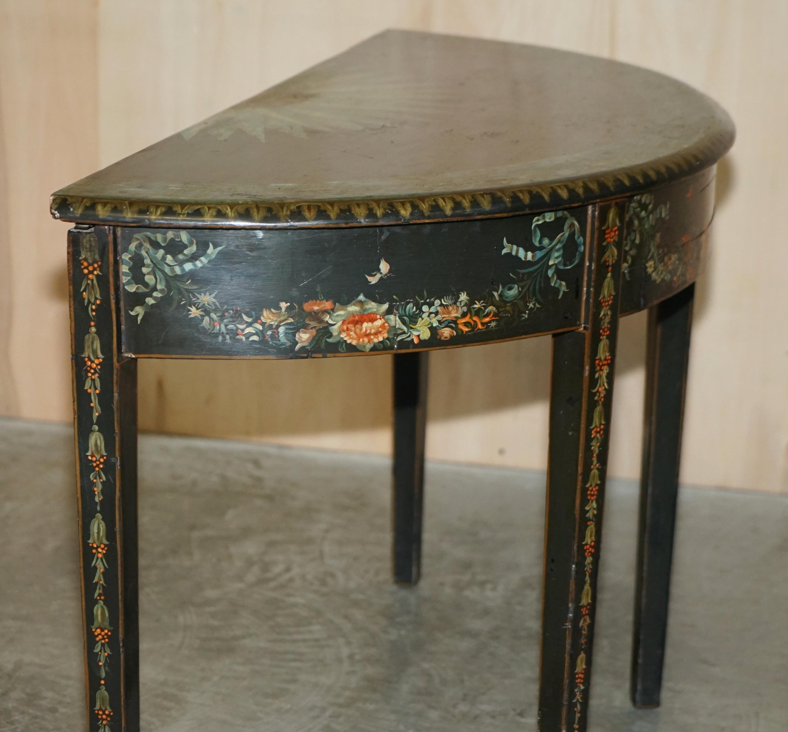Fine 18th Century circa 1760 Hand Polychrome Painted Demi Lune Console Table For Sale 6